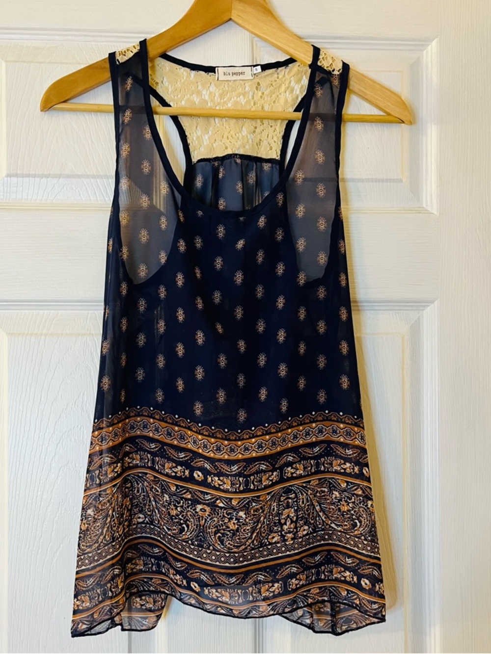 Blu Pepper Boho Sleeveless Sheer Tank Racerback Lace Summer Medallion & Paisley